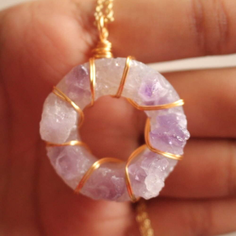 Raw Amethyst Circle Pendant Necklace – Gold Wire Wrapped - Picture 4 of 8
